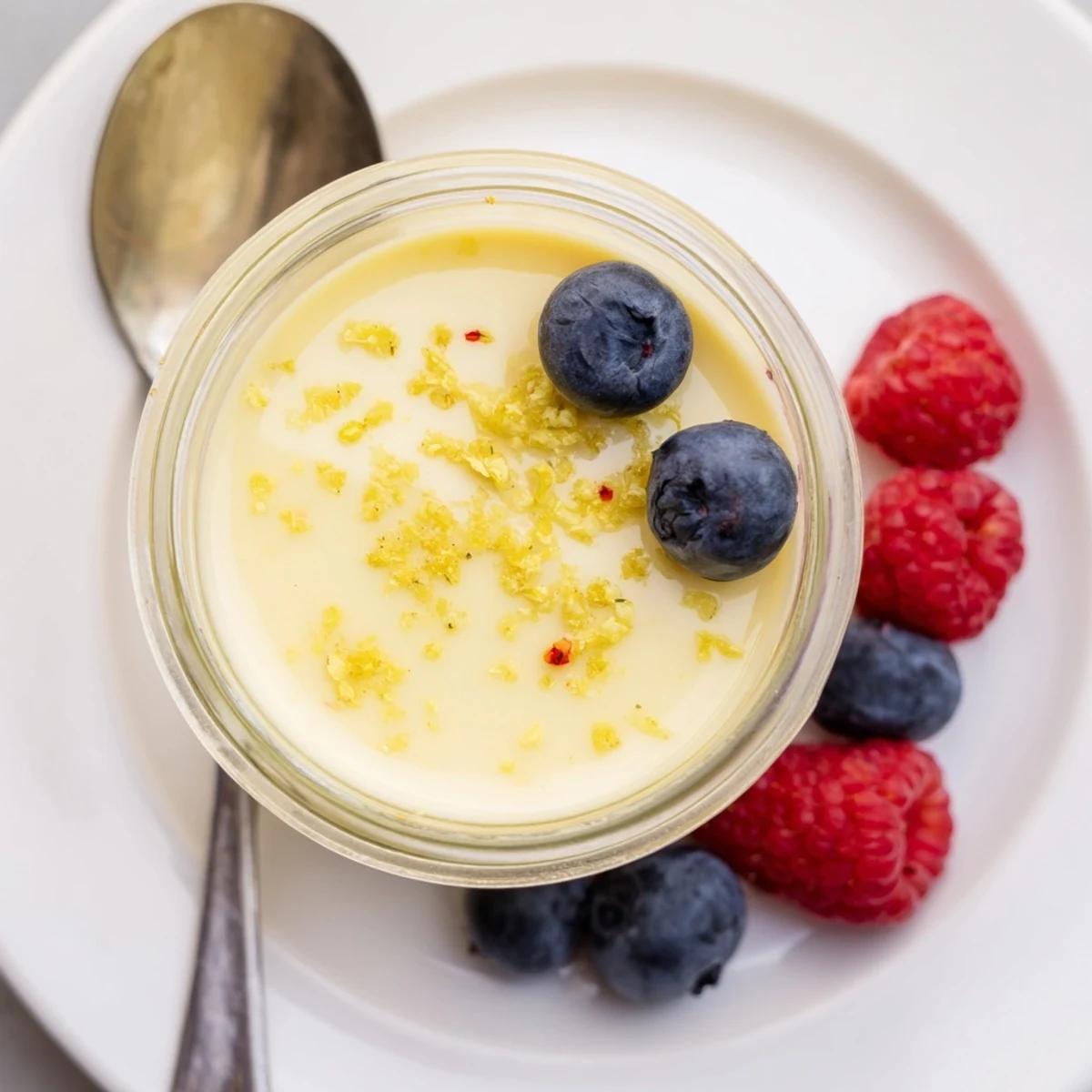 Creamy lemon posset set in clear glass with fresh berry garnish and zest