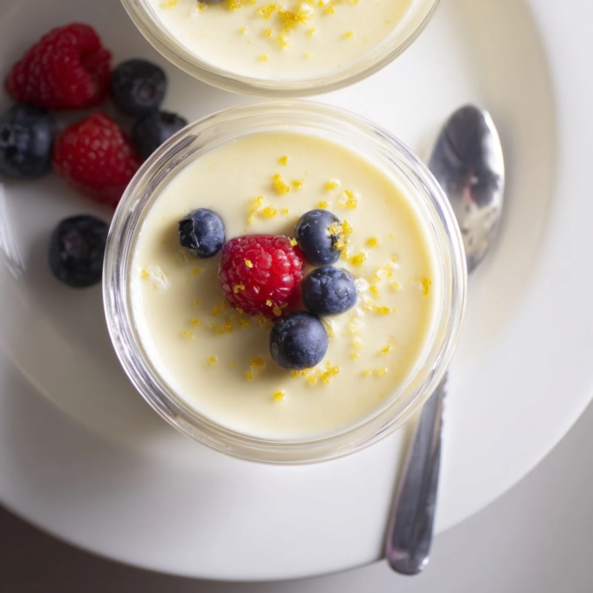 Silky lemon posset dessert plated with shortbread cookie and vibrant lemon twist