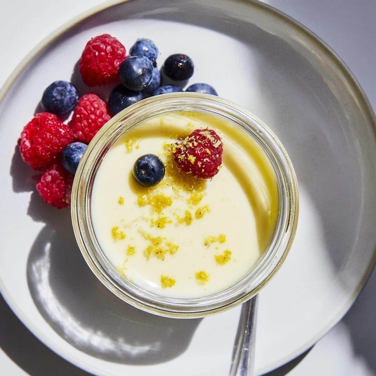 Individual lemon posset servings chilled in ramekins topped with fresh red berries