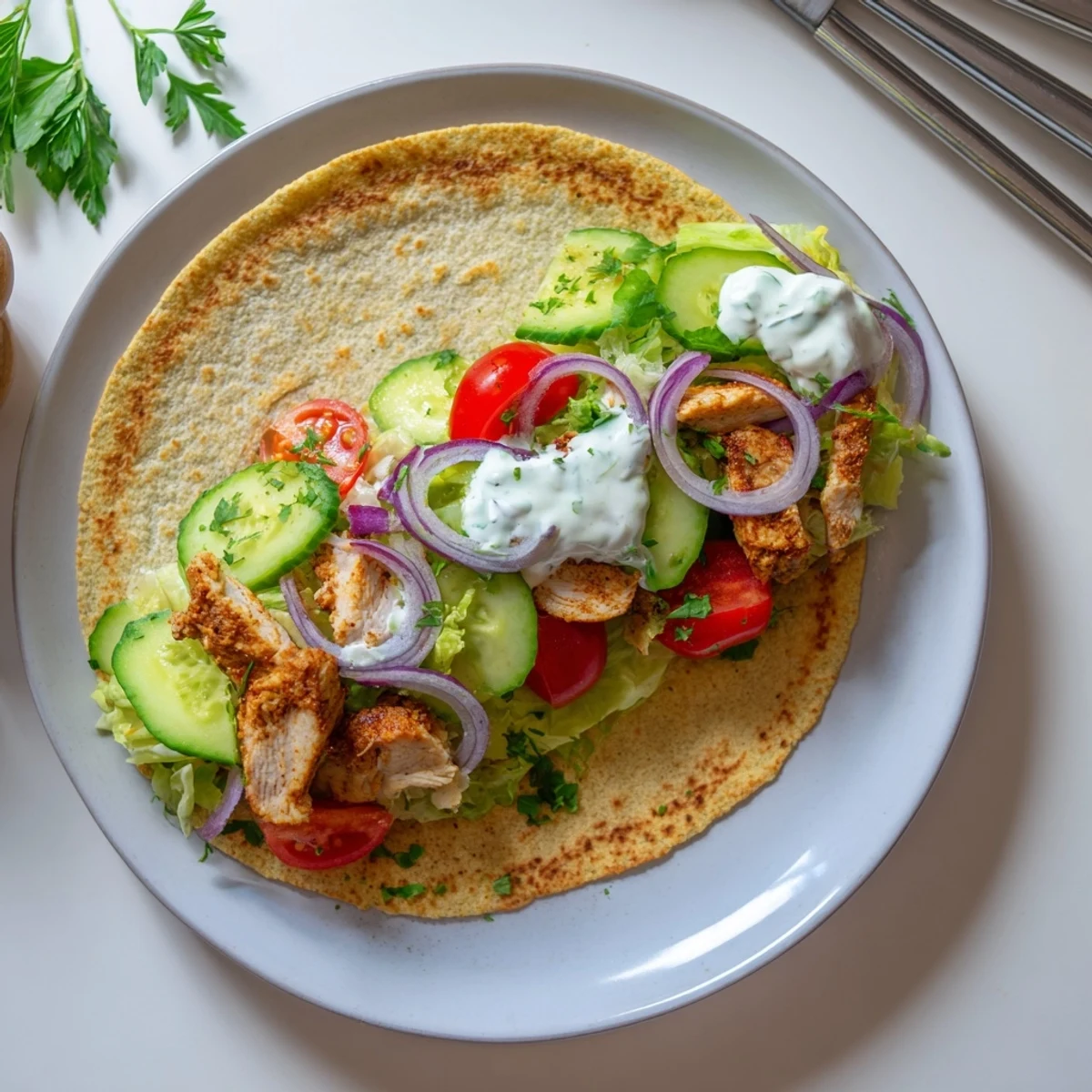 Golden high protein crispy cottage cheese flatbread chicken wraps with fresh vegetables and creamy dressing