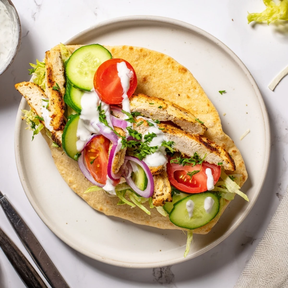 Handheld cottage cheese flatbread chicken wraps overflowing with grilled chicken avocado lettuce and colorful veggies