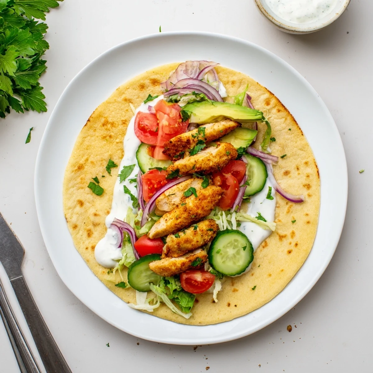Protein-packed chicken wraps featuring crispy cottage cheese flatbread layered with juicy spiced chicken and crisp vegetables