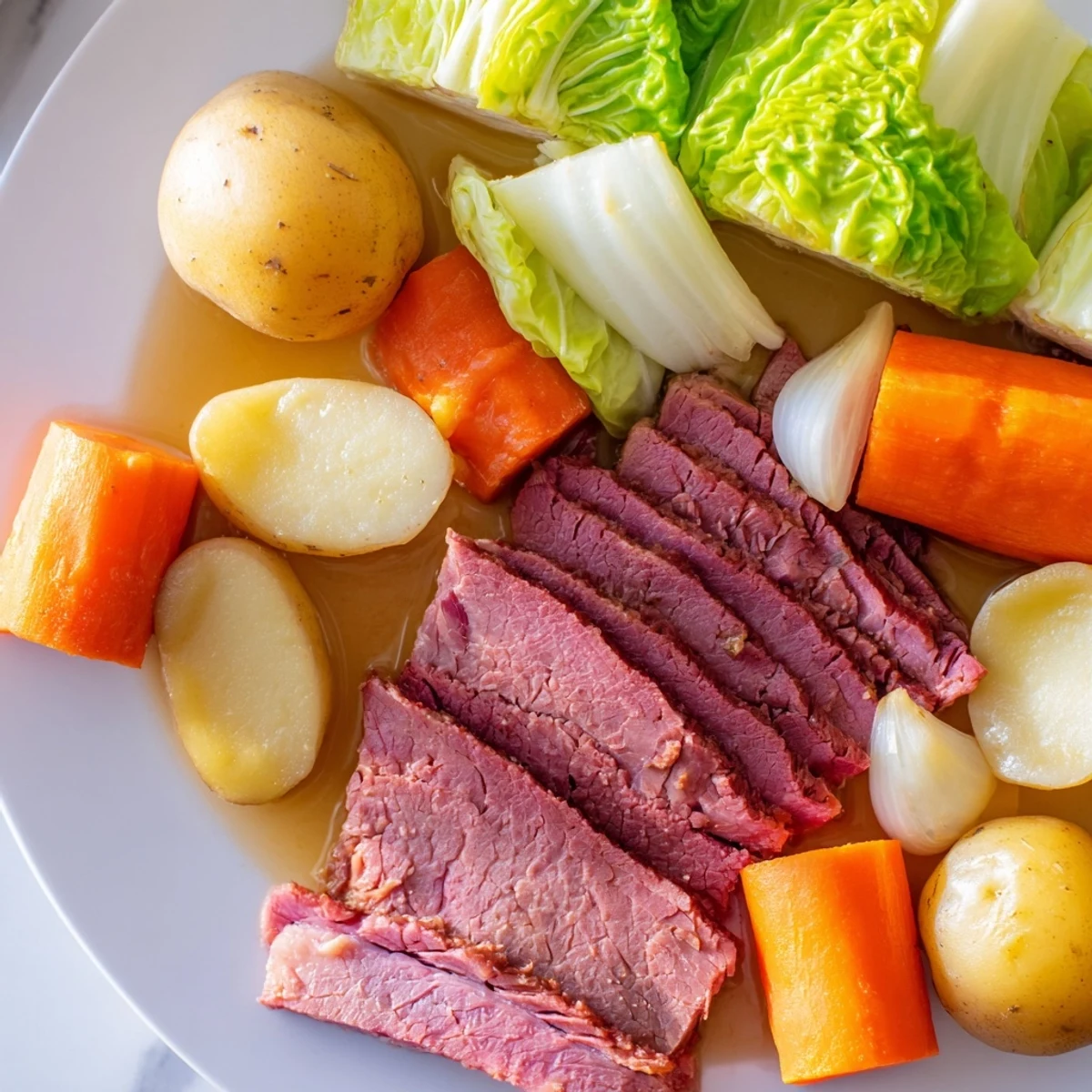 Golden brown corned beef brisket slices plated with tender cabbage and carrots