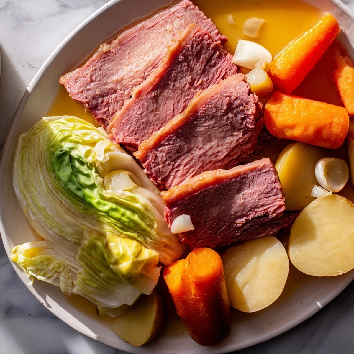 Fork-tender corned beef brisket arranged alongside roasted potatoes and cabbage wedges