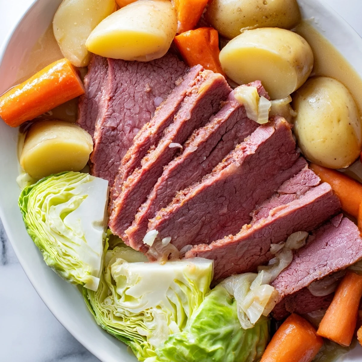 Hearty slow cooker corned beef and cabbage served with buttered vegetables in broth