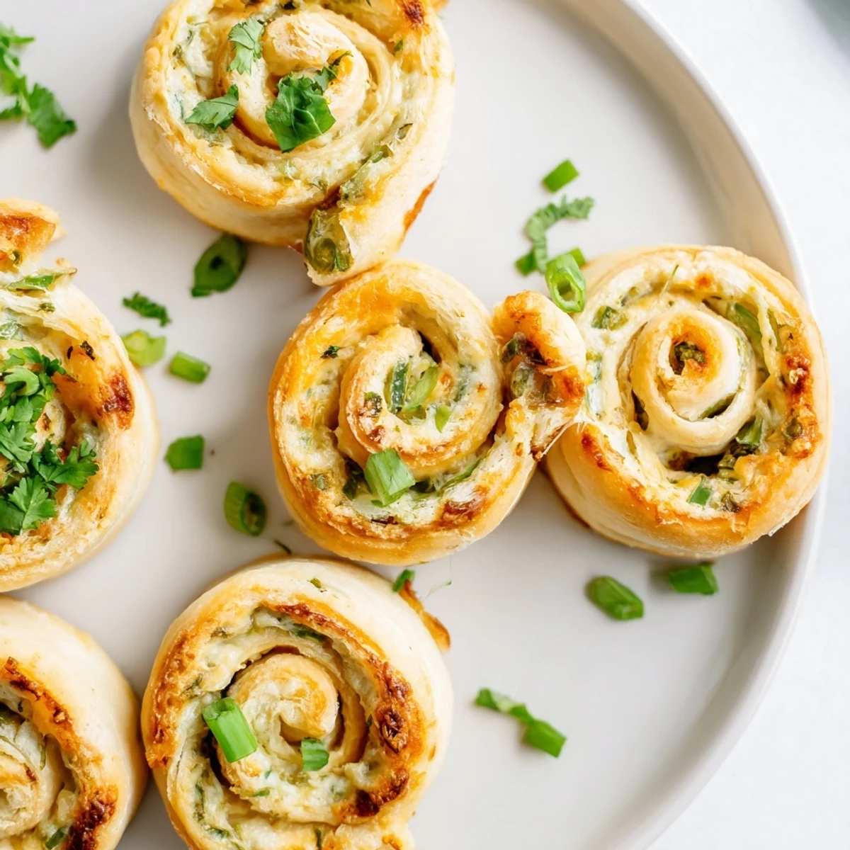 Golden baked easy jalapeno popper pinwheels spiraled with creamy cheese filling and fresh diced green peppers