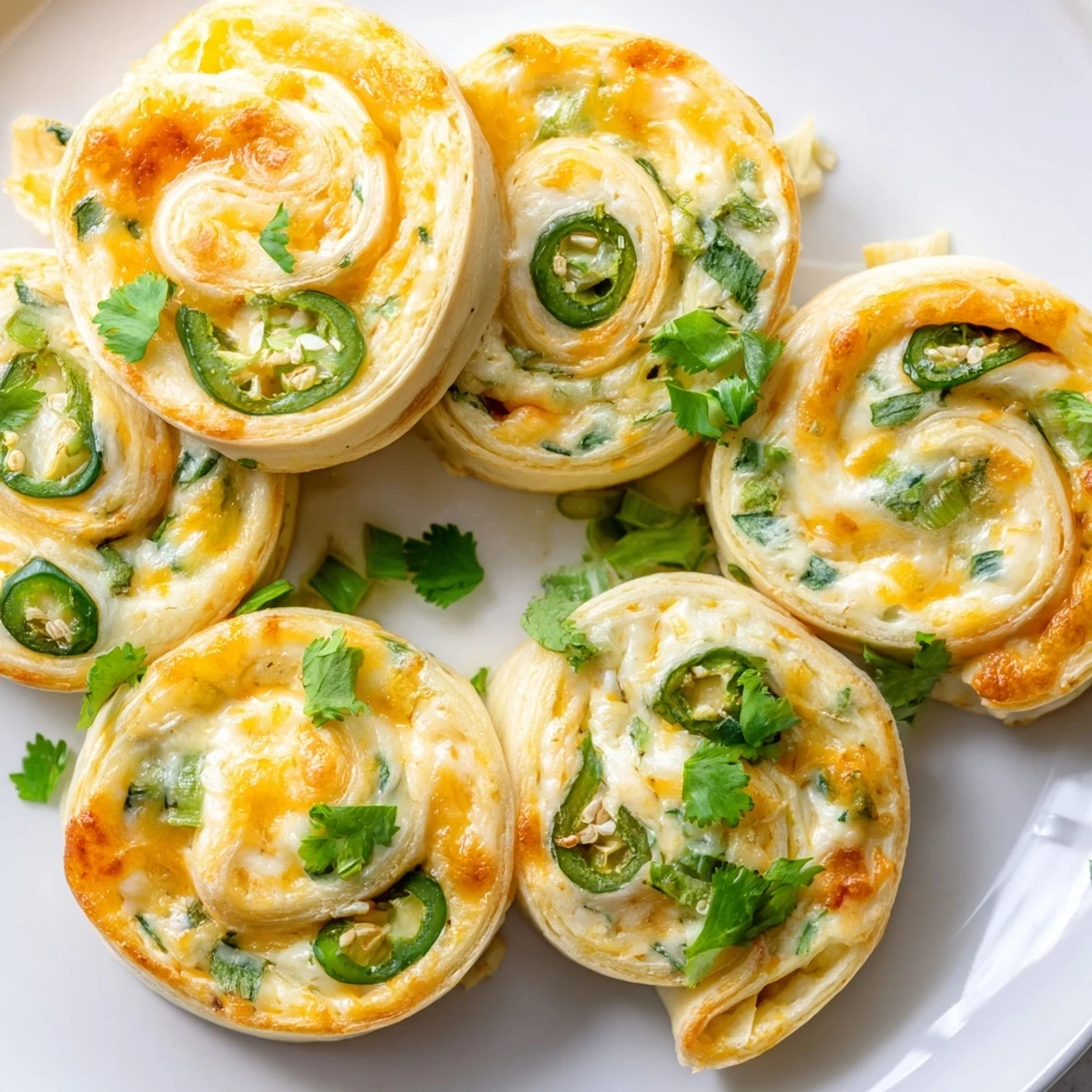 Warm appetizer platter featuring golden easy jalapeno popper pinwheels ready for party serving with chopped cilantro garnish