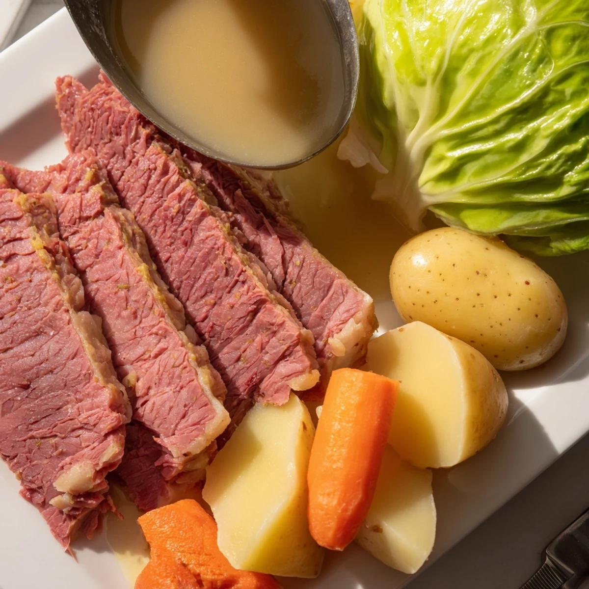 Slow cooker corned beef cabbage with tender sliced brisket, carrots, potatoes, and cabbage wedges on a serving platter