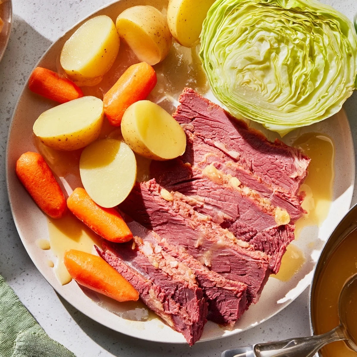 Cozy corned beef and cabbage dinner featuring fork-torn beef, golden potatoes, and vibrant vegetables in a shallow bowl