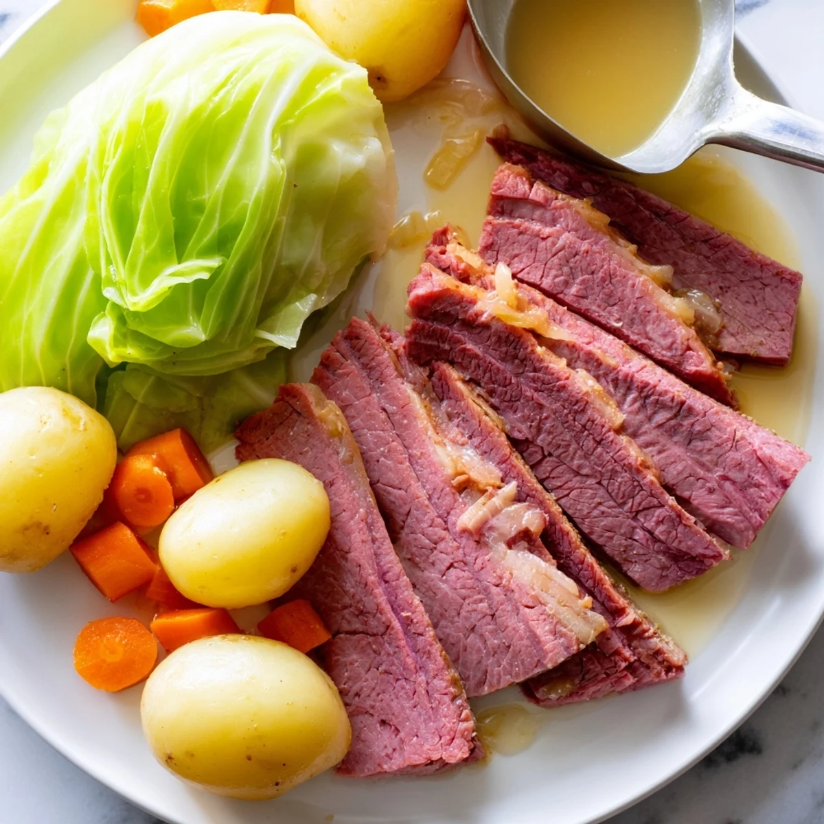 Classic corned beef cabbage arranged on a white plate with broth, carrots, and onions garnished with fresh parsley