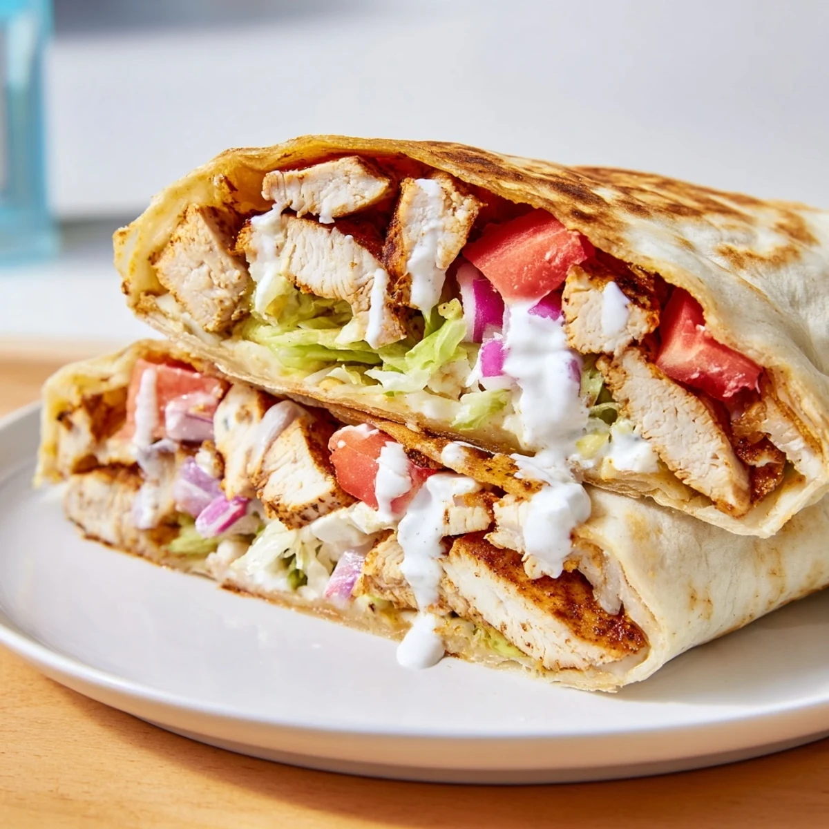 Golden cottage cheese flatbread wraps filled with spiced grilled chicken and fresh vegetables