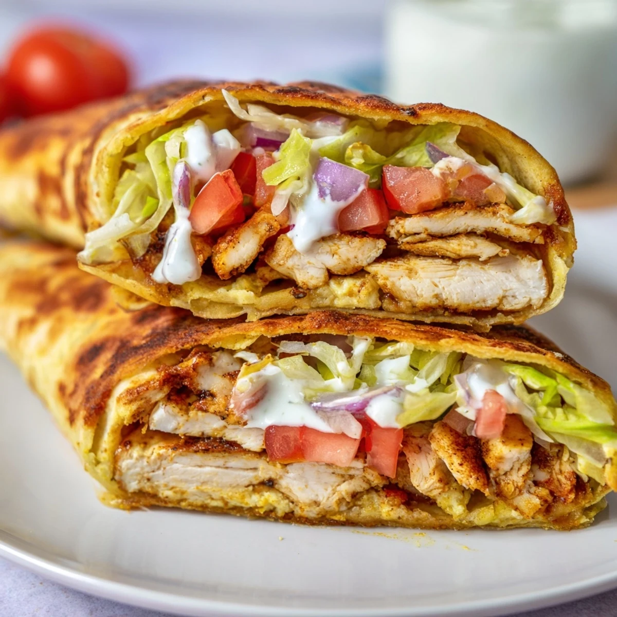 Protein-packed crispy cottage cheese flatbread chicken wraps topped with lettuce tomato and yogurt