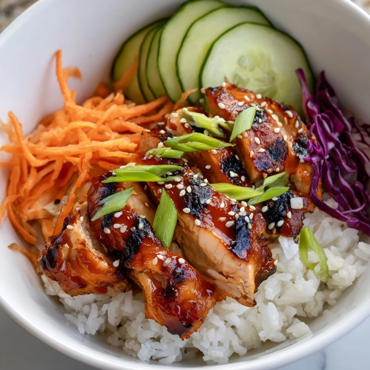 Juicy Korean BBQ chicken slices atop white rice with colorful vegetables and sesame seeds