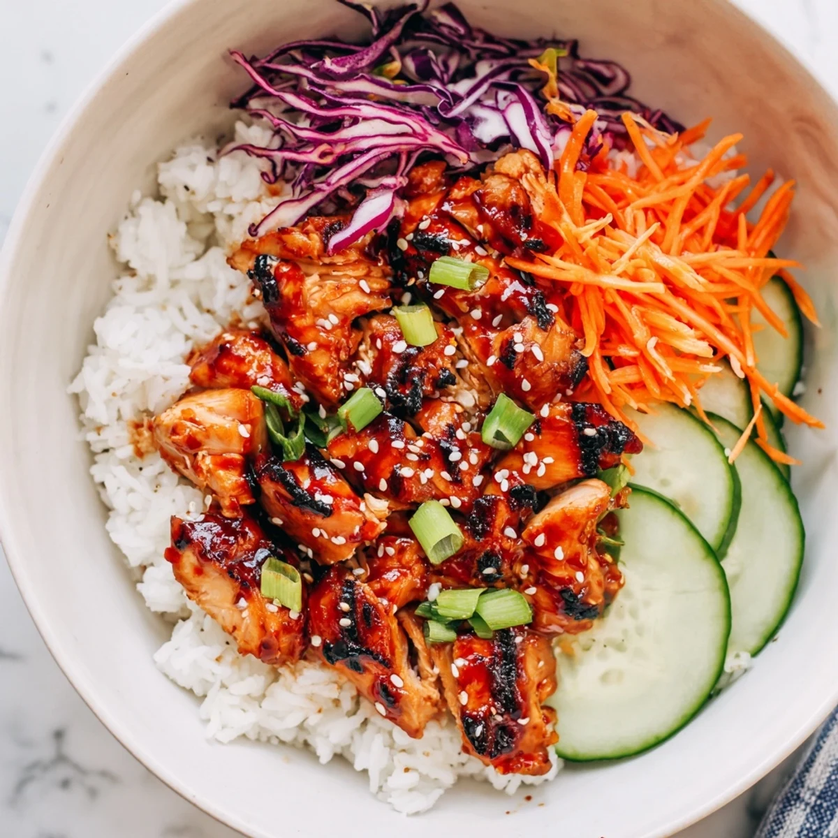 Charred grilled Korean BBQ chicken thighs in bowl with fresh cucumber, cabbage, and carrots