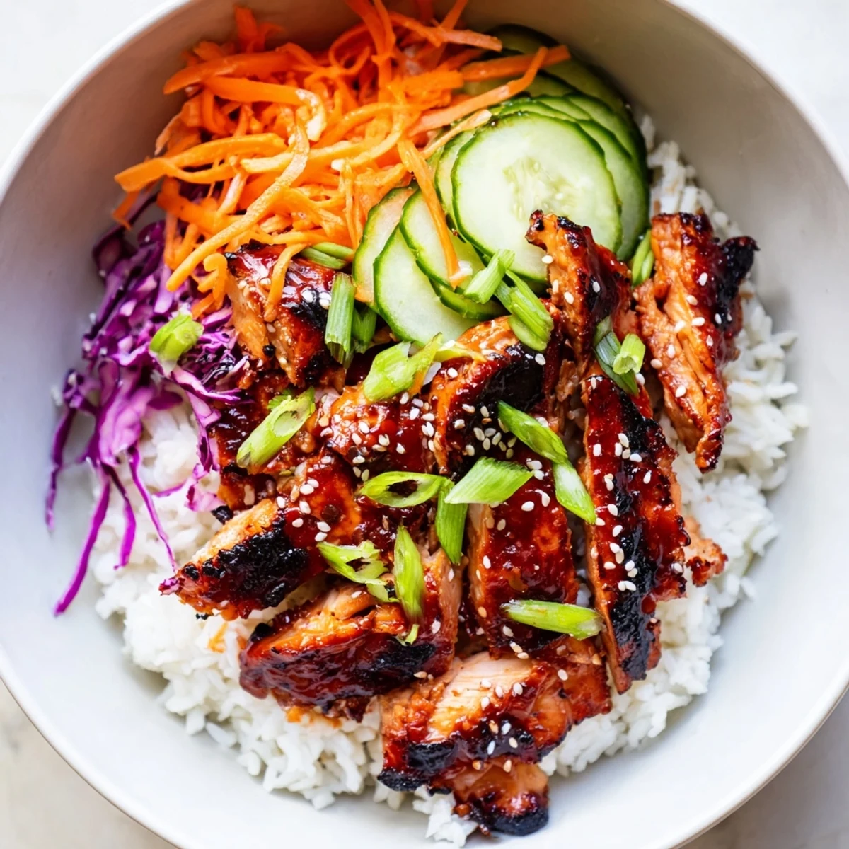 Savory Korean BBQ chicken bowl featuring marinated meat over rice with crisp vegetable toppings