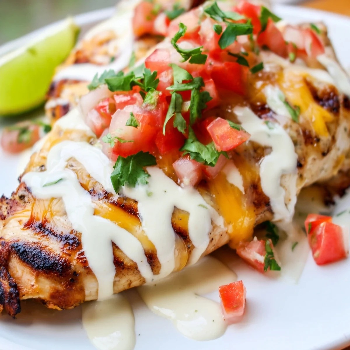 Grilled fiesta lime chicken topped with melted cheddar cheese and drizzled with zesty white sauce