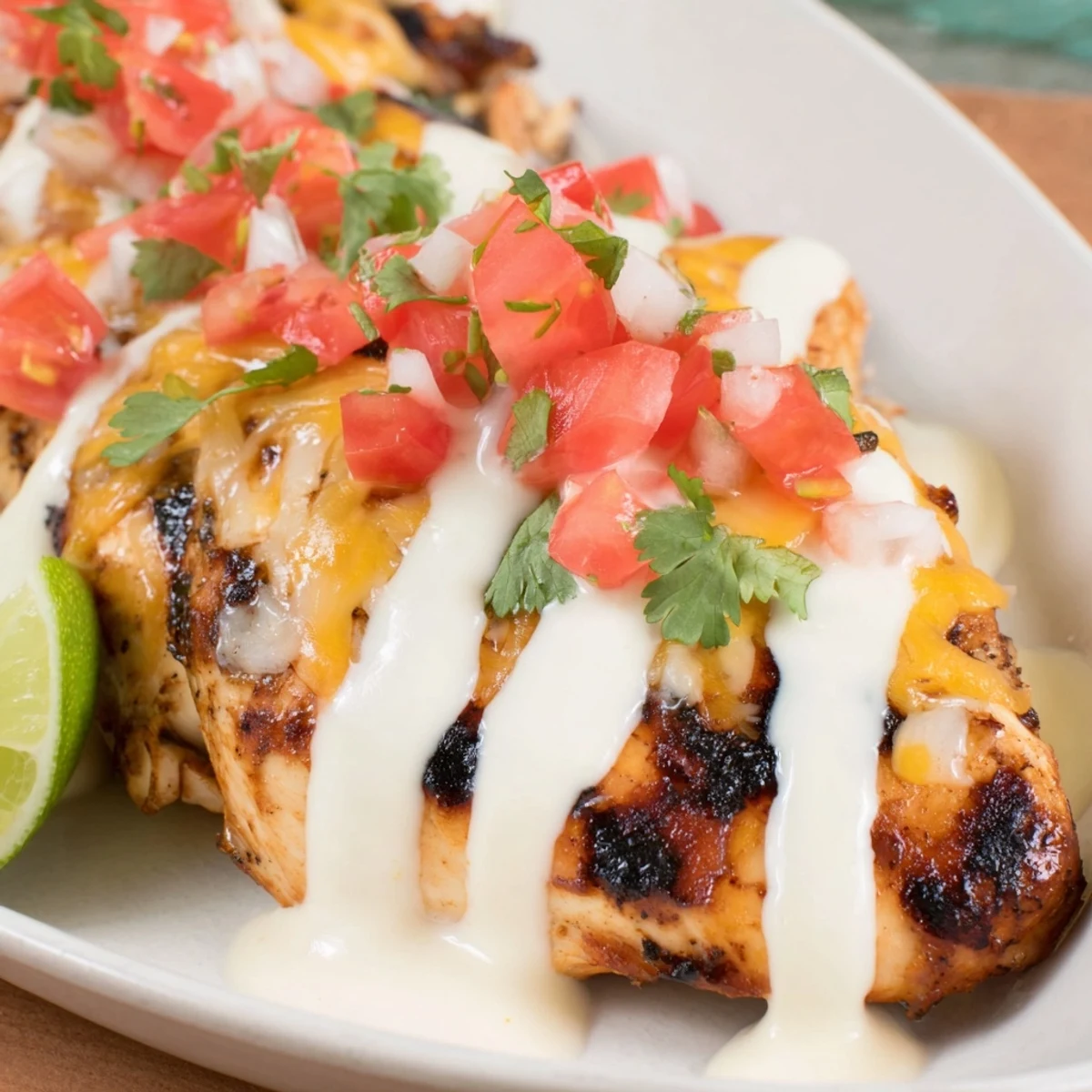 Golden fiesta lime chicken breasts garnished with fresh pico de gallo, cilantro, and lime wedges