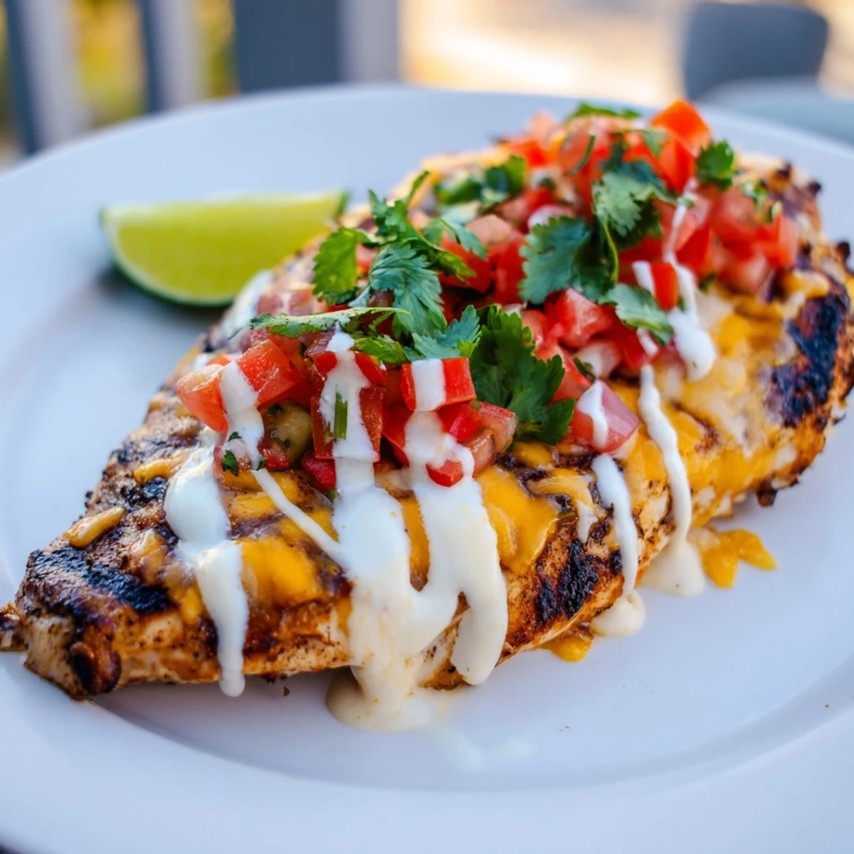 Tender Southwestern fiesta lime chicken served on a platter with creamy dipping sauce and toppings