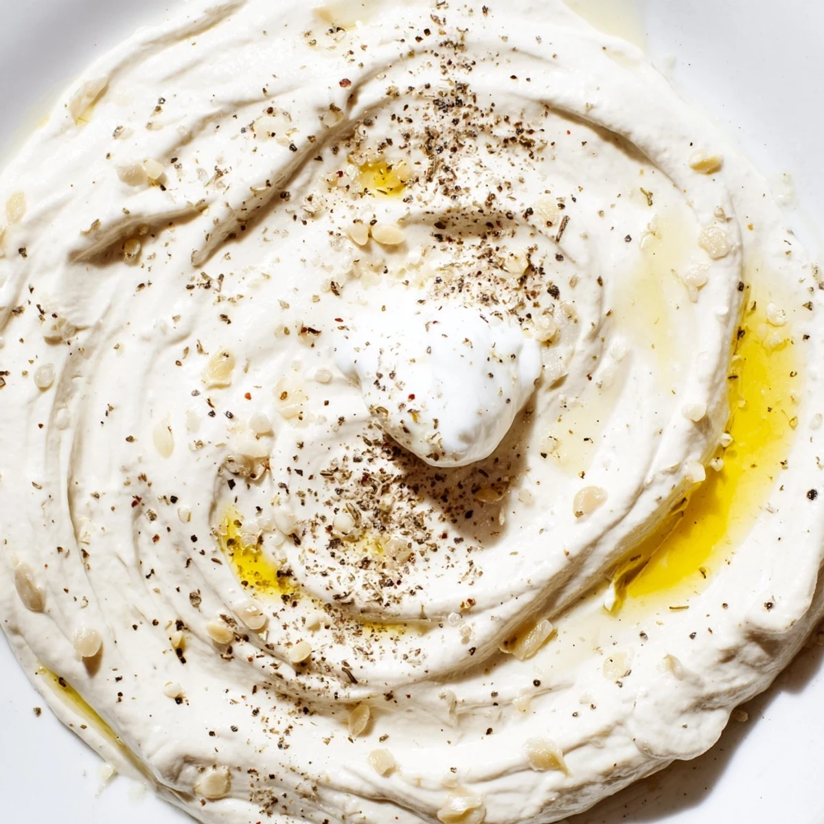 Creamy chicken shawarma garlic sauce drizzled over grilled meat in a white serving bowl