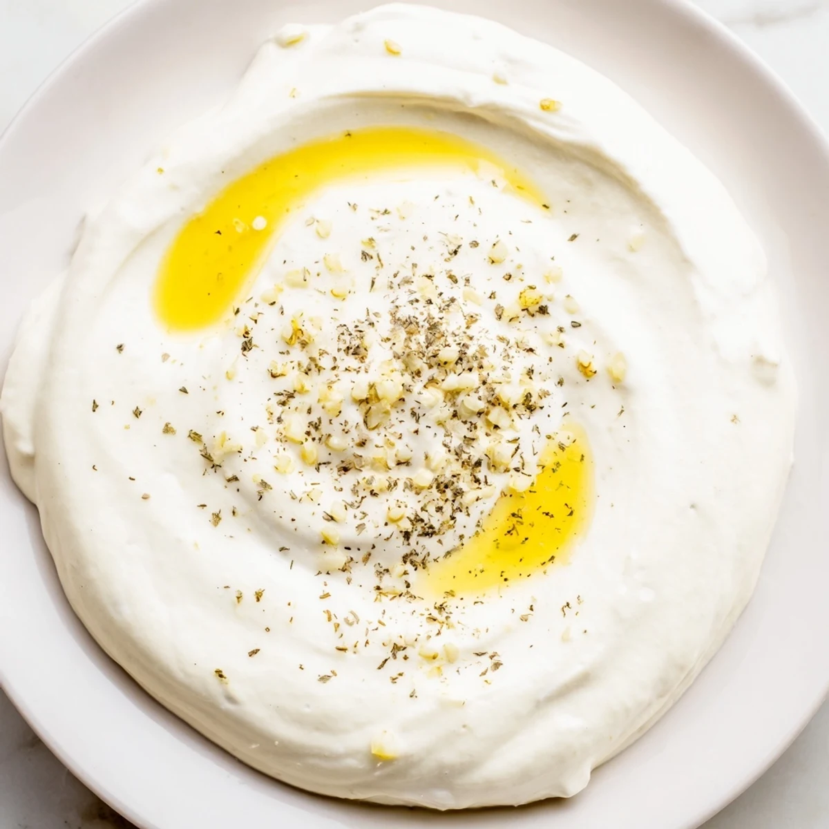 Smooth homemade garlic mayonnaise sauce served alongside warm chicken shawarma and pita bread