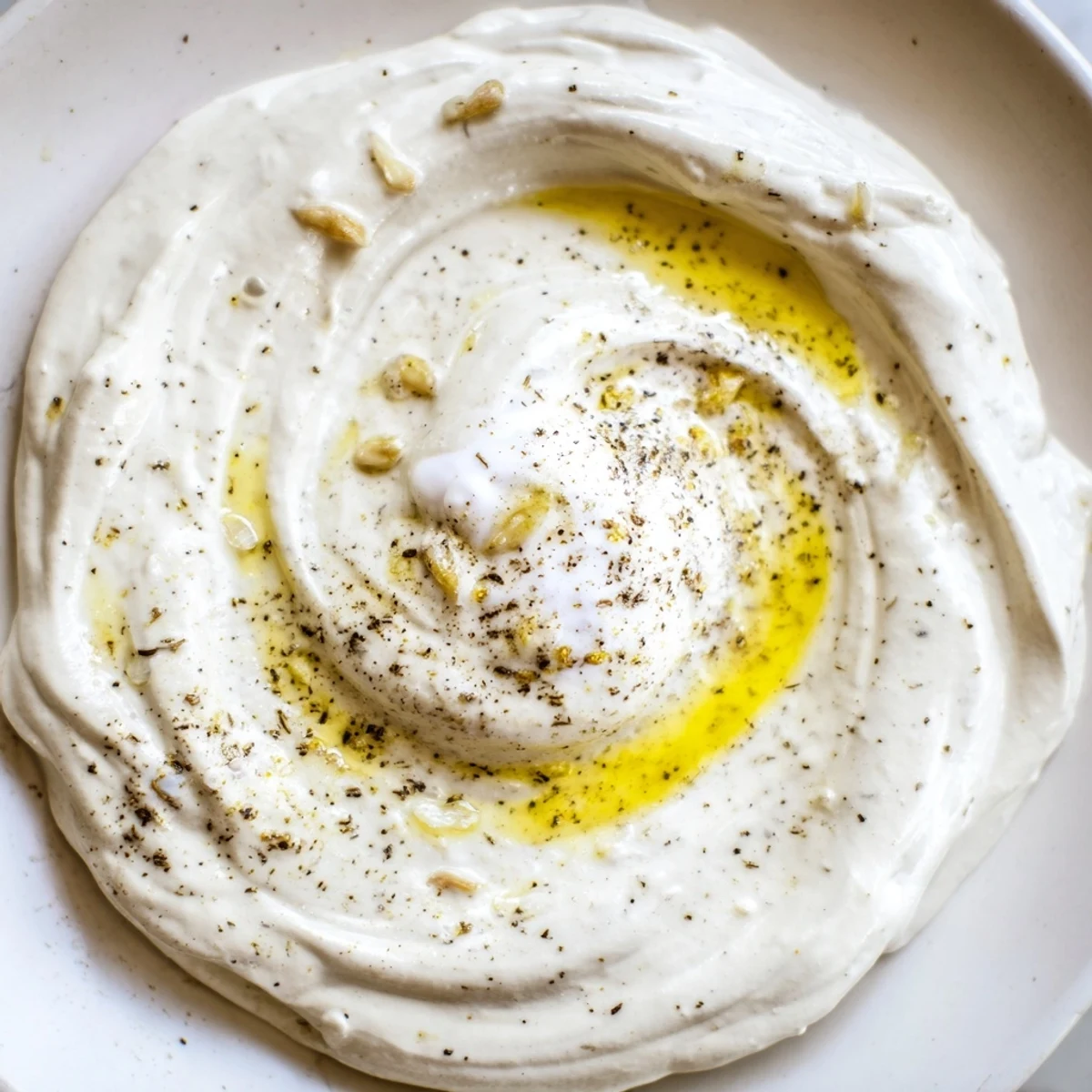 Rich white garlic sauce for chicken shawarma topped with olive oil and fresh herbs