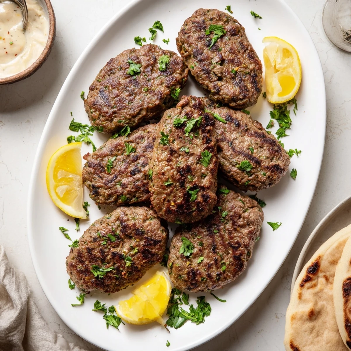 Juicy Lebanese kafta recipe easy spiced lamb patties served with lemon wedges and pita