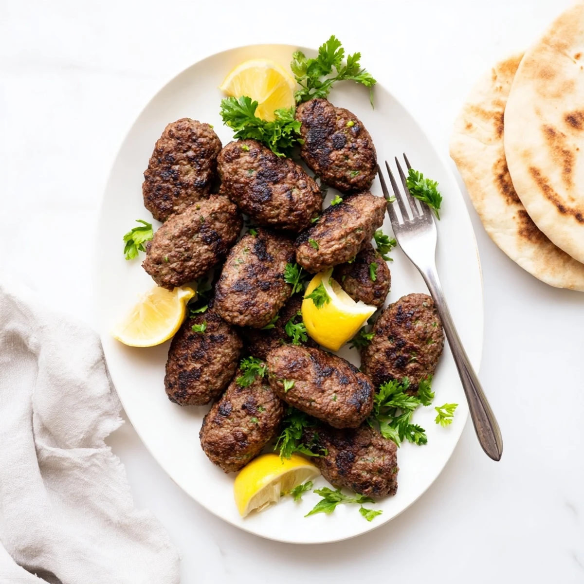 Golden brown Lebanese kafta kebabs grilled to perfection with fresh herbs and spices