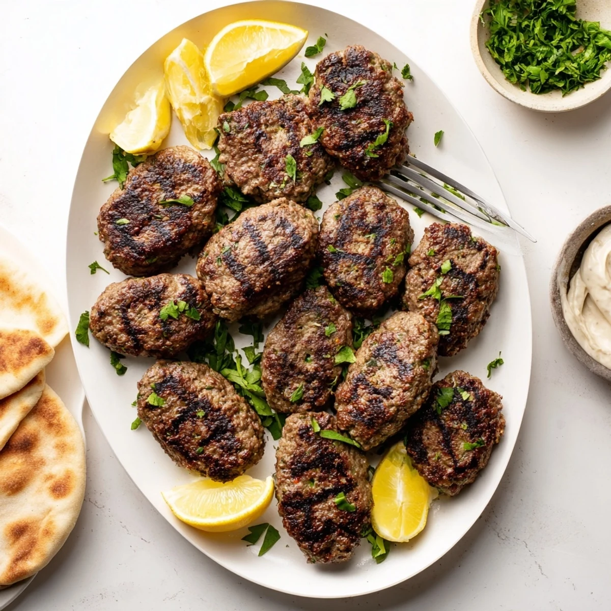 Delicious homemade Lebanese kafta skewers with aromatic Middle Eastern seasonings on a platter