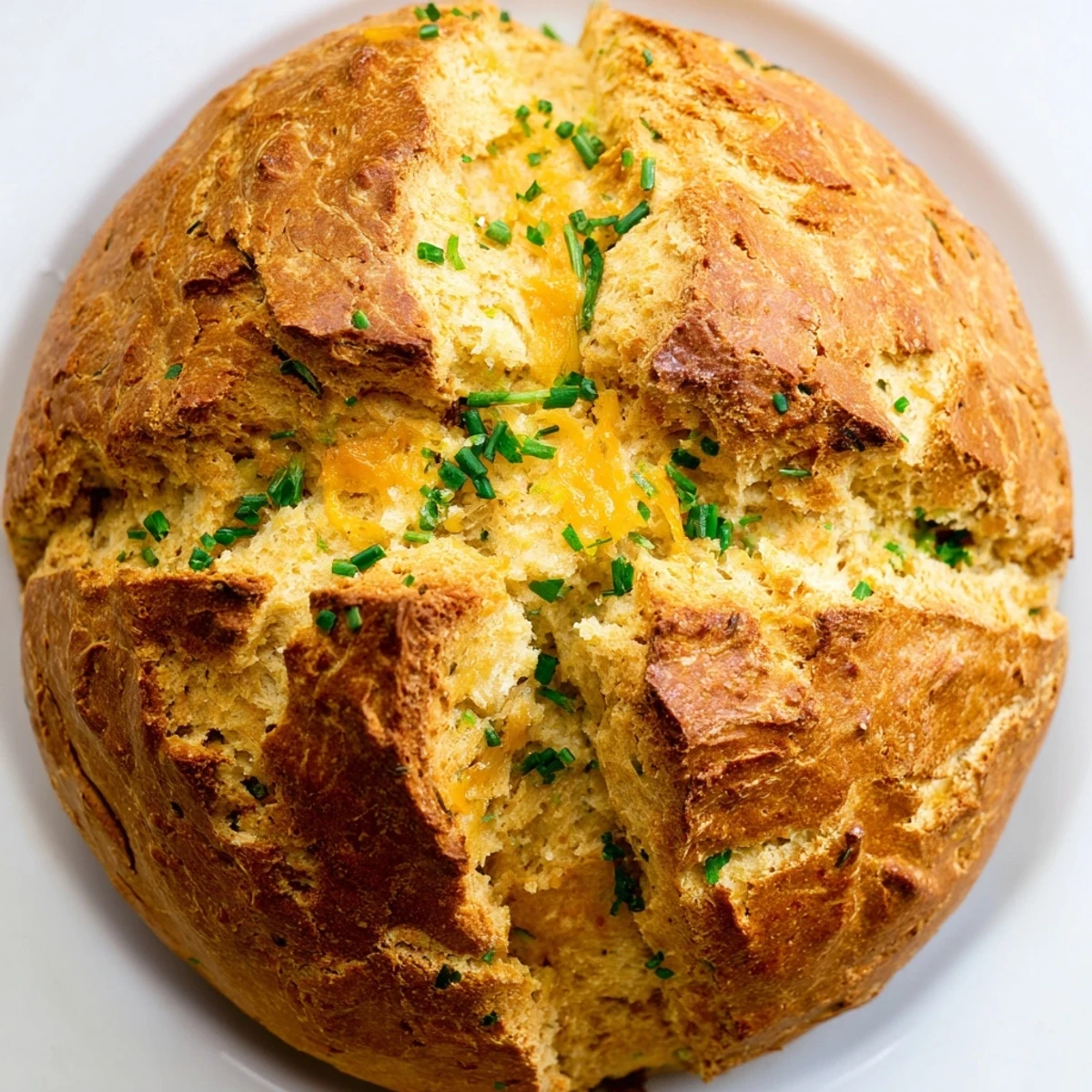 Golden cheddar and herb soda bread loaf with a rustic cross-cut pattern on top