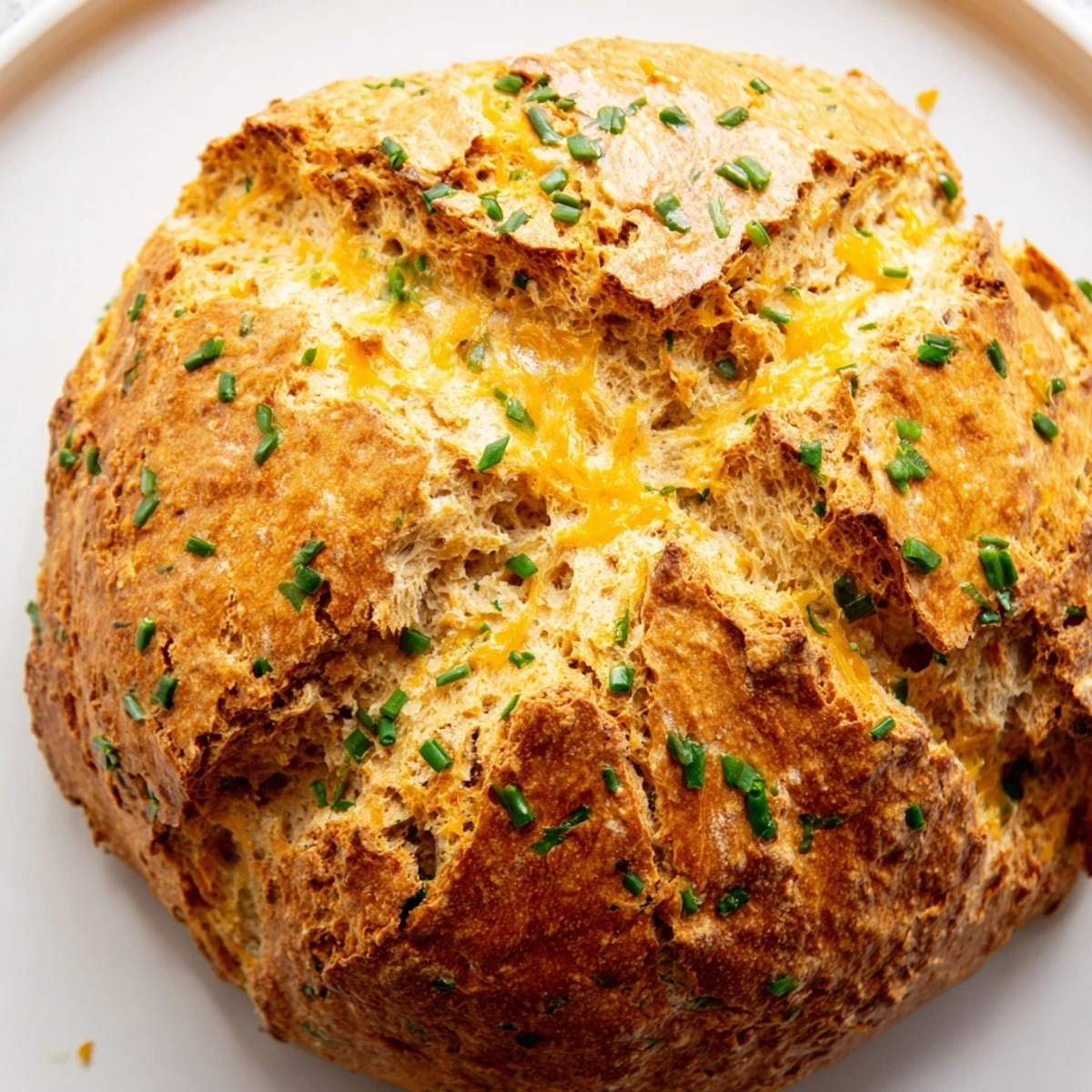 Freshly baked soda bread scattered with sharp cheddar and chopped herbs on a wooden board