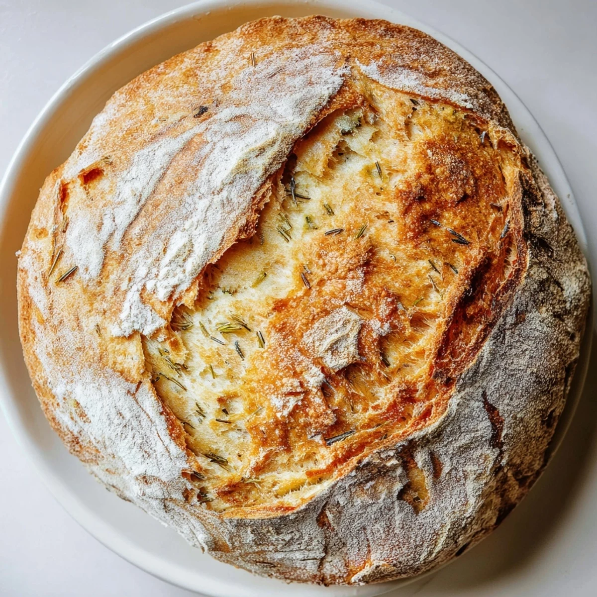 Golden brown Dutch oven garlic rosemary bread with a crisp crust and soft interior