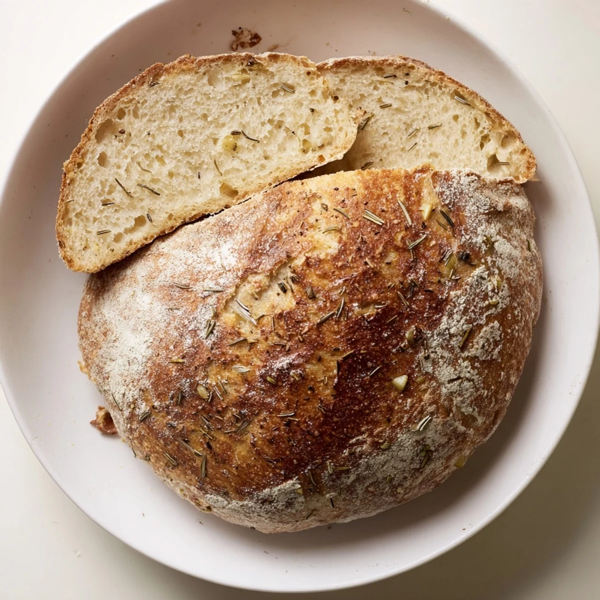 Rustic homemade garlic rosemary bread loaf baked in a Dutch oven with rosemary garnish