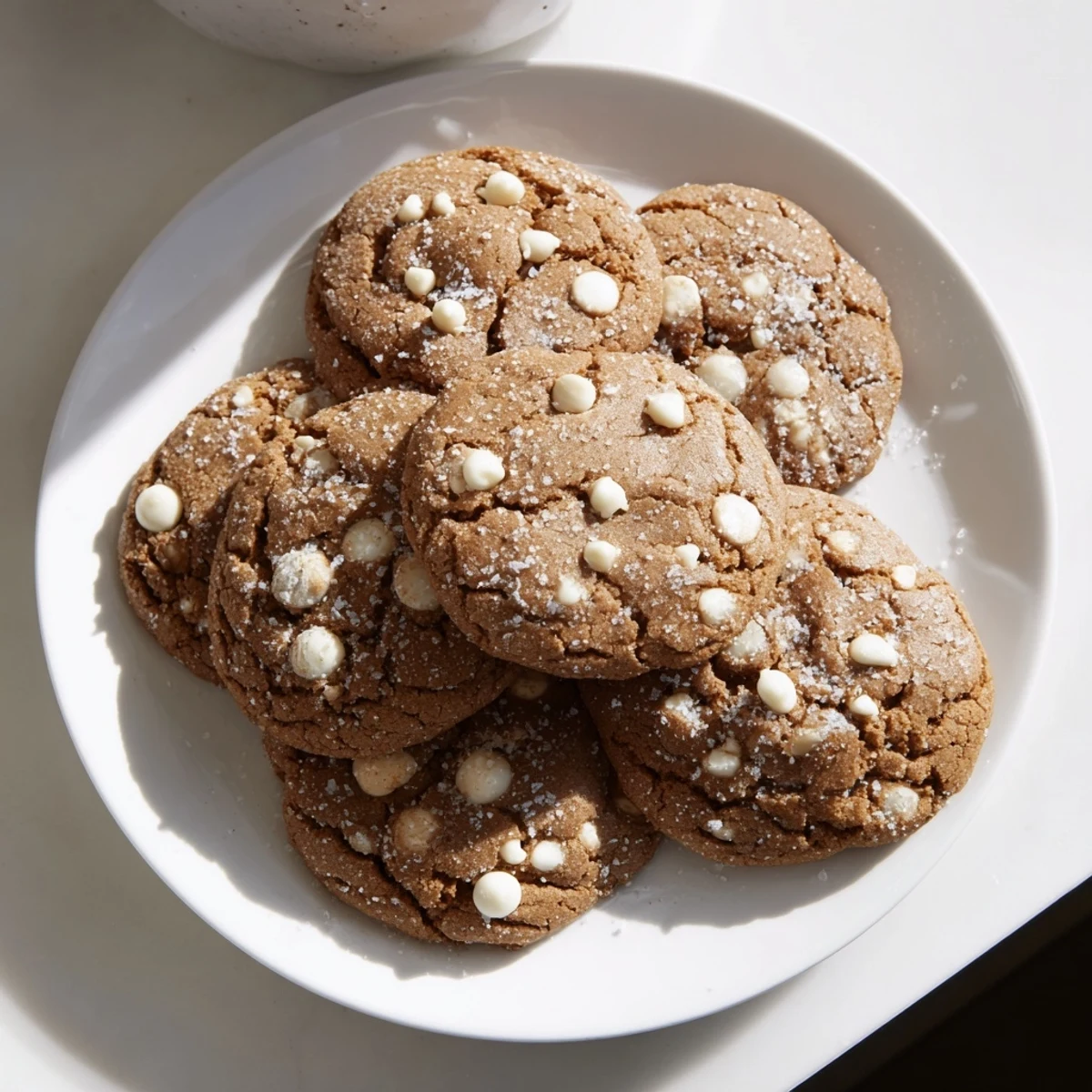 Warm bakery-style gingerbread cookies dotted with creamy white chocolate on a festive holiday platter