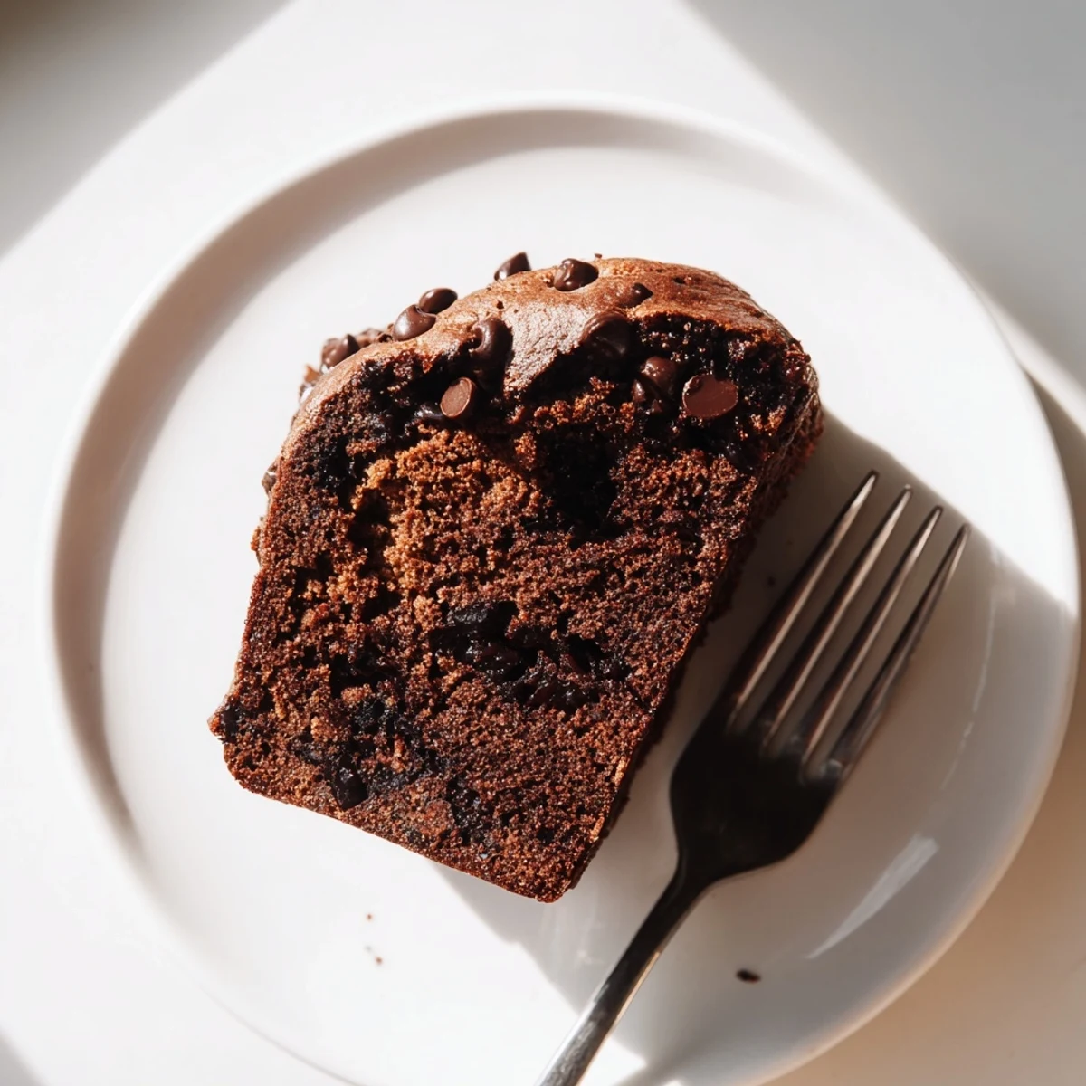 Sliced chocolate espresso banana bread revealing melted chocolate chips and dark moist crumb on a wooden board