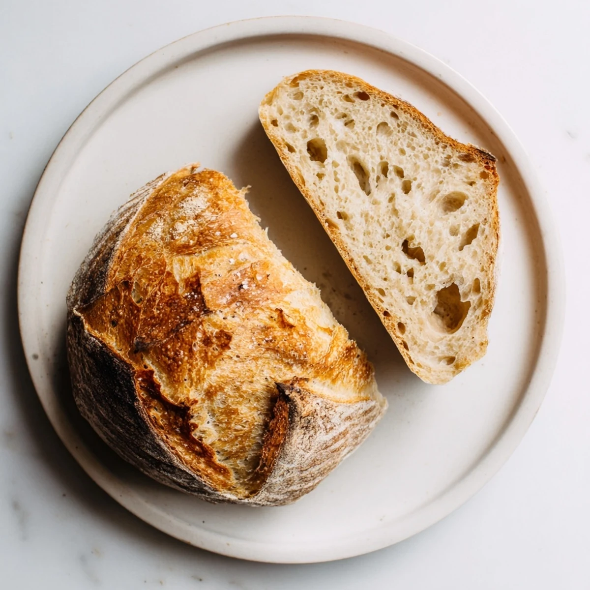 Golden brown sourdough bread loaf with crackling crust scored on top