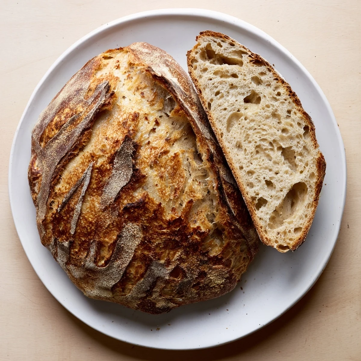 Homemade sourdough bread sliced open showing airy holes and chewy texture