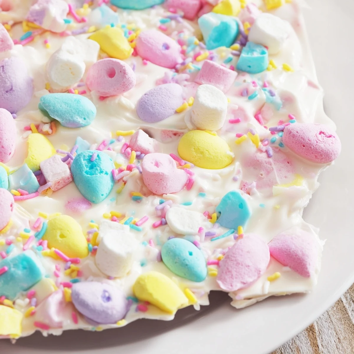Colorful Easter marshmallow bark featuring sweet melted white chocolate and mini marshmallow pieces