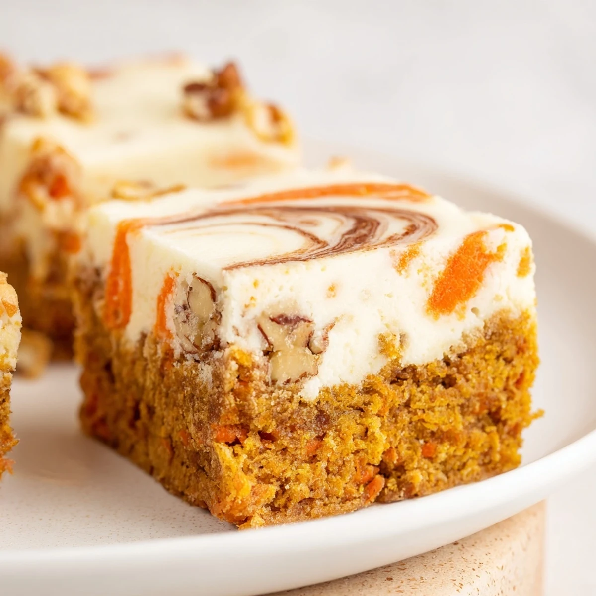 Slice of moist carrot cake cheesecake bar showing distinct cream cheese swirl pattern