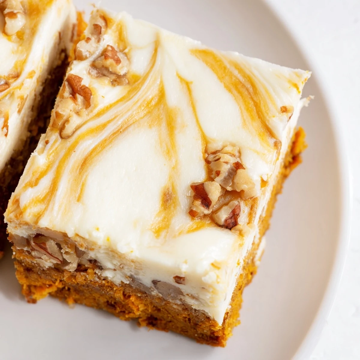 Marbled carrot cake cream cheese bars topped with crunchy walnuts and freshly grated carrots