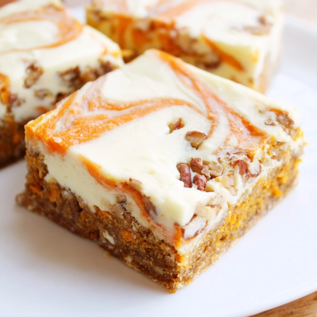 Golden carrot cake bars swirled with velvety cream cheese layer on white plate