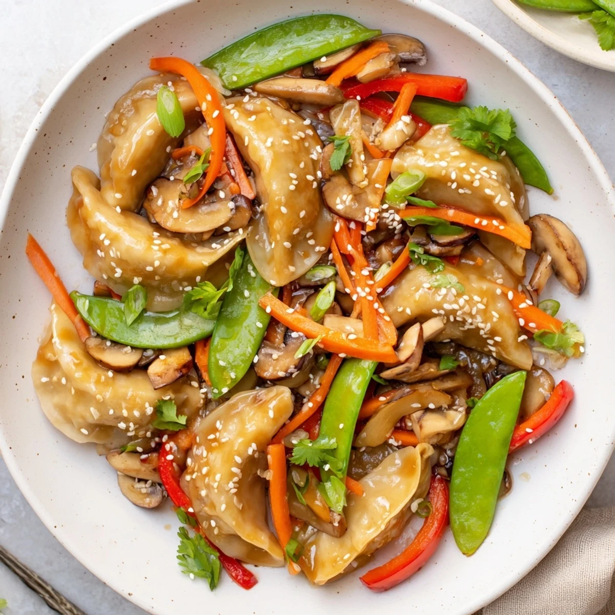Vibrant potsticker stir fry dish garnished with sesame seeds and fresh cilantro over crisp vegetables
