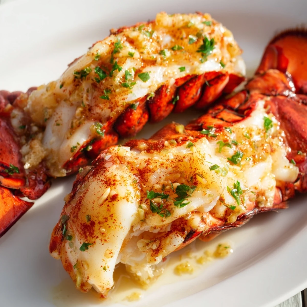 Golden baked garlic butter lobster tails with tender meat brushed in rich herb butter sauce