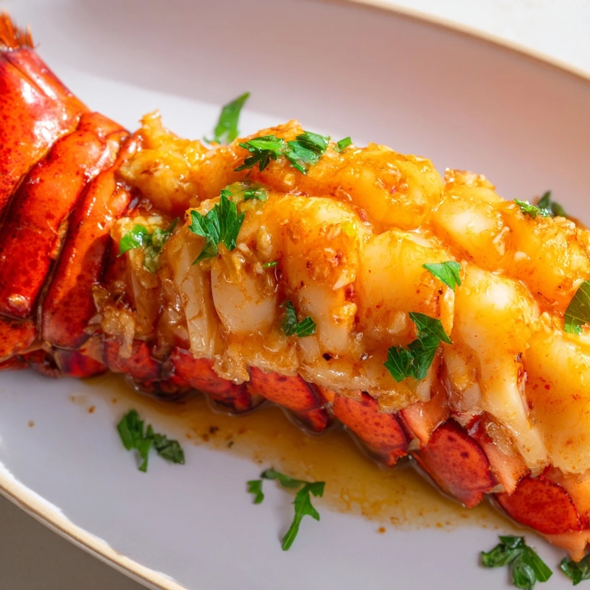 Whole lobster tails sizzling with melted garlic butter and fresh parsley garnish on a plate