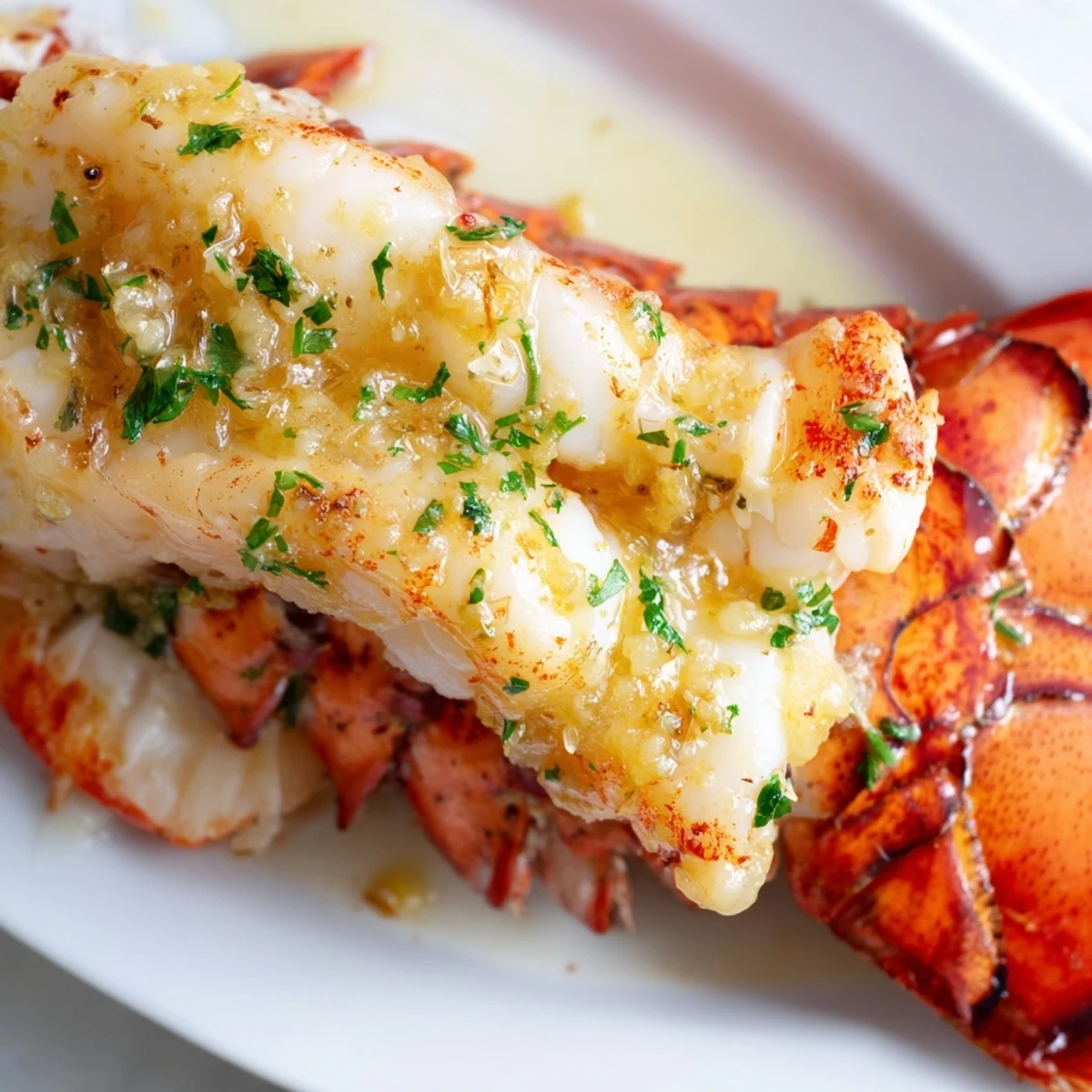 Roasted lobster tails plated with lemon wedges and glistening garlic butter glaze