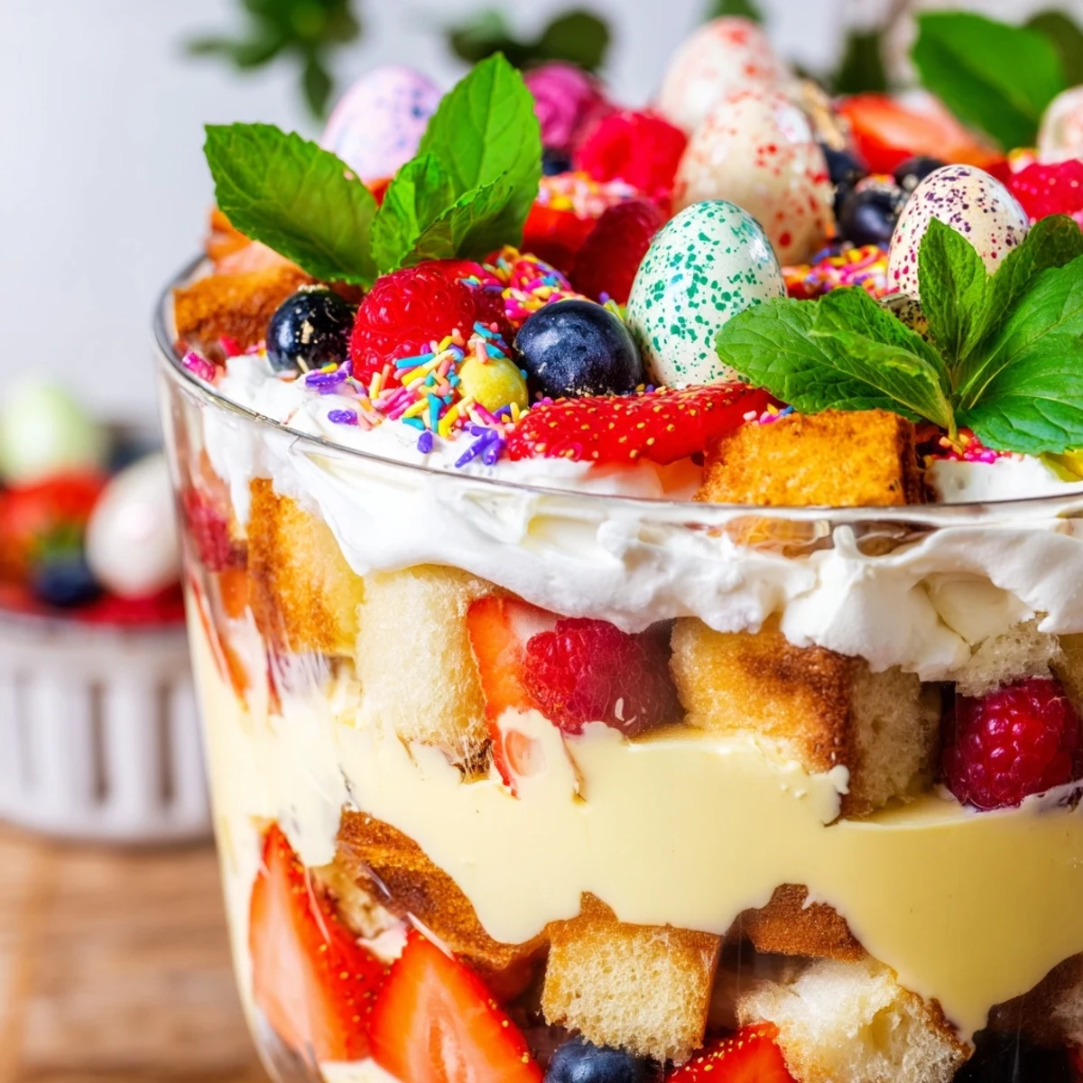 Colorful Easter trifle dessert with layers of berries, custard, and whipped cream in glass bowl