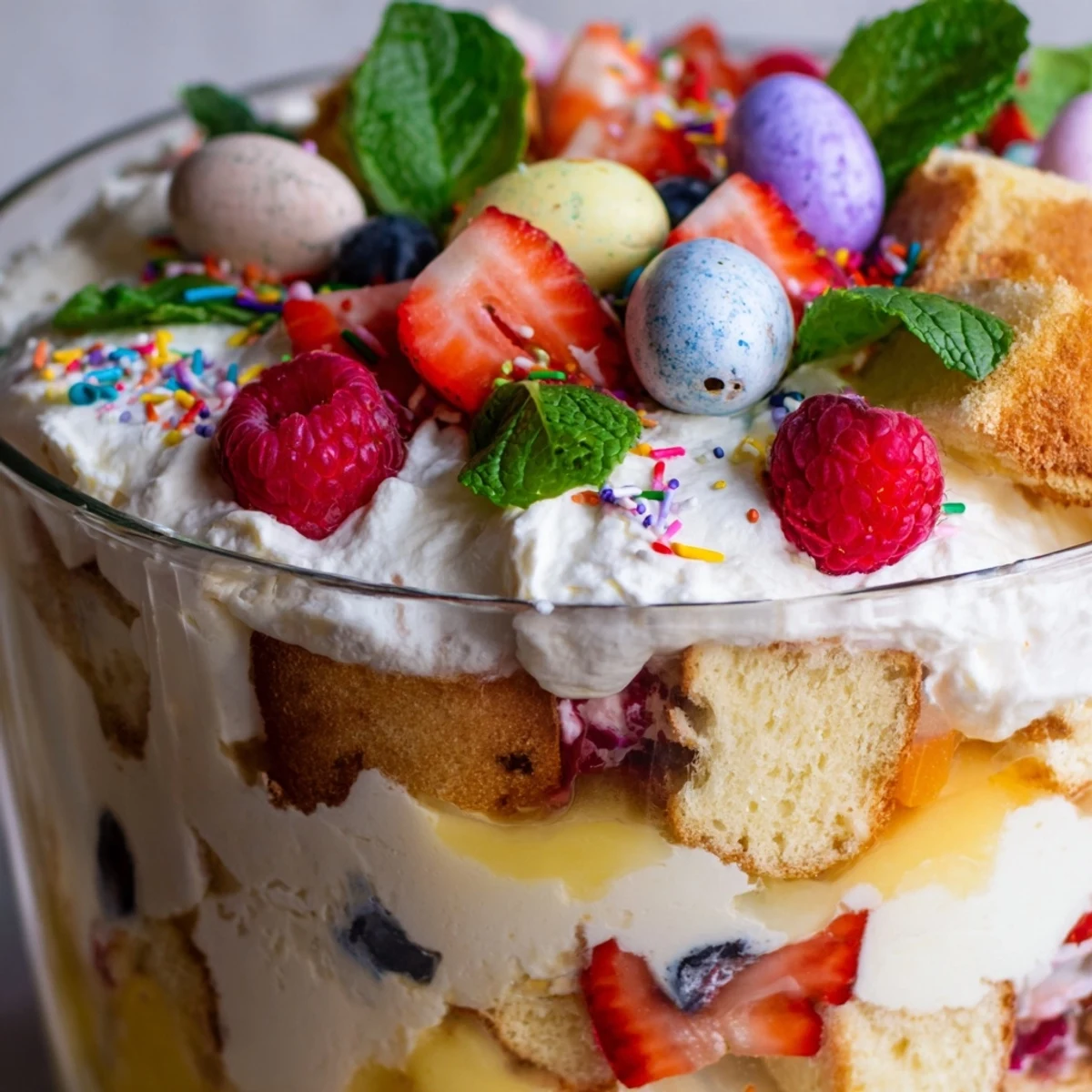 Creamy Easter trifle dessert topped with fresh strawberries and chocolate eggs for holiday celebration