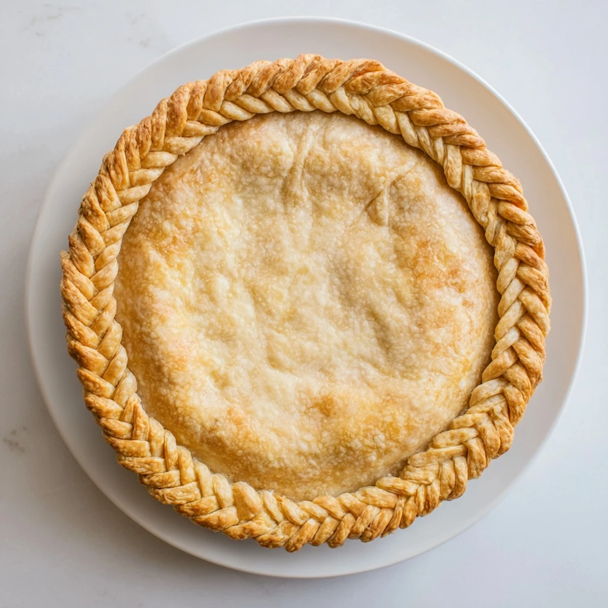 Intricate woven fishtail braid pie crust design brushed with golden egg wash