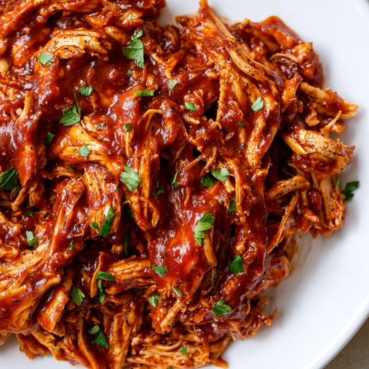 Tender Sweet Baby Ray's Crockpot Chicken glistening with rich barbecue sauce on a white plate