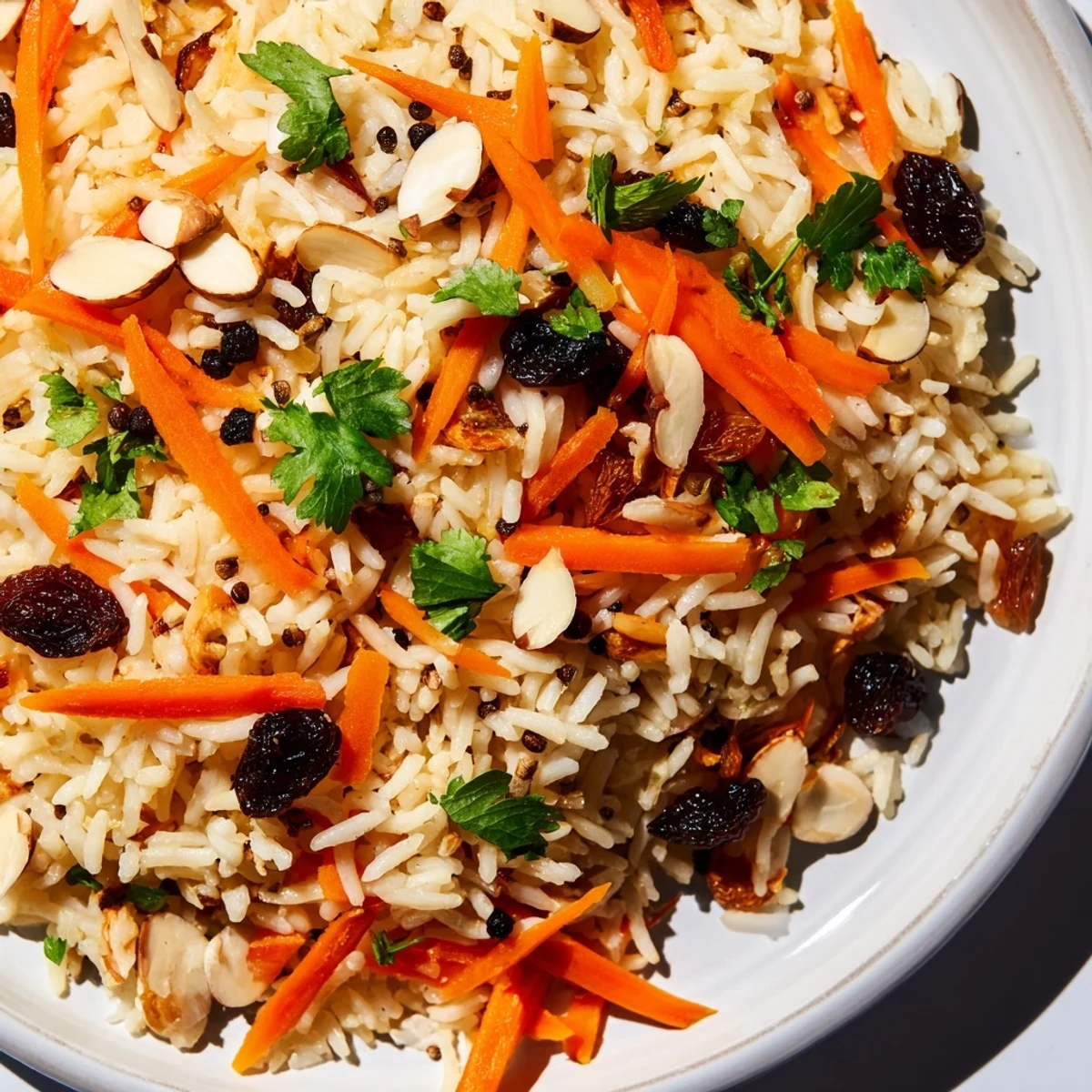 Golden Afghan rice topped with caramelized carrots, plump raisins, and fragrant warming spices