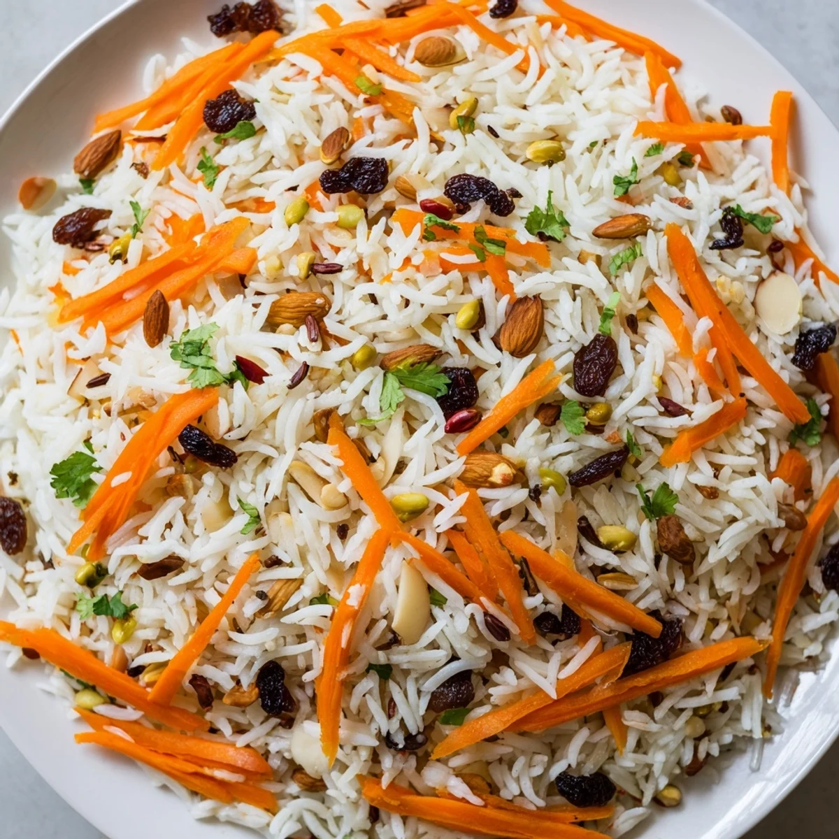 Fluffy Afghan rice pilaf studded with sweet carrots and raisins in a traditional serving bowl